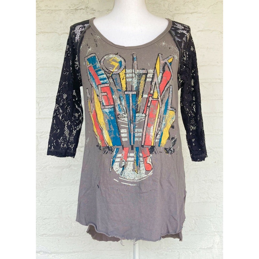 Free People We The Free Raglan Baseball Shirt Folk Metal Lace Sleeves Size Small
